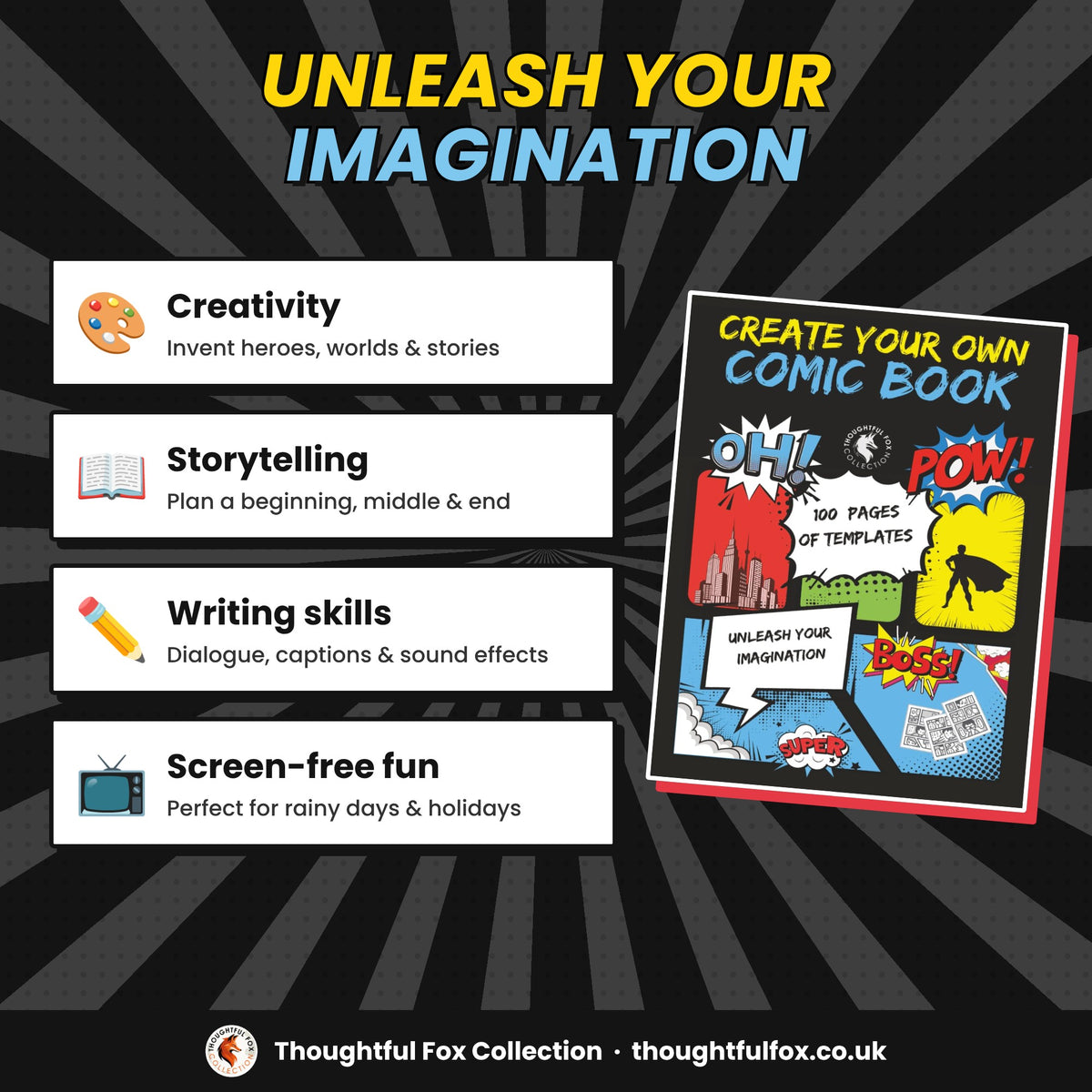 Builds creativity, storytelling and writing skills, screen-free