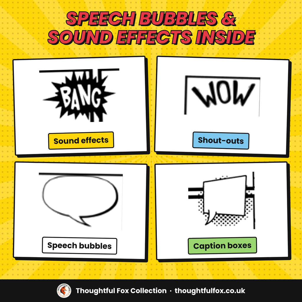 Speech bubbles and sound effects included in the comic templates