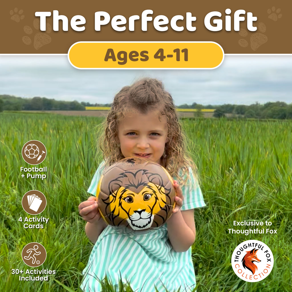 Girl holding the Lion football in a field, the perfect gift for ages 4 to 11