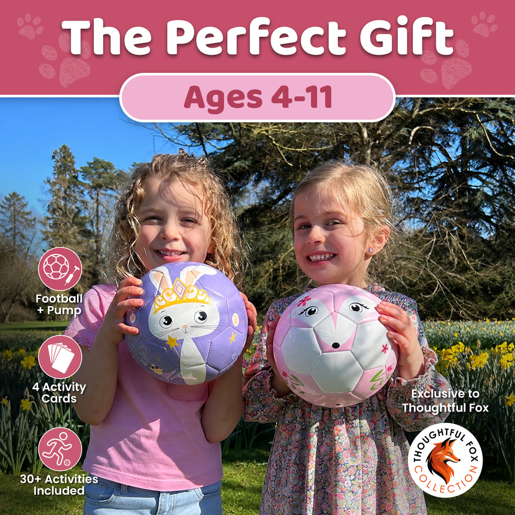Two girls holding the Bunny and Fox footballs, the perfect gift for ages 4 to 11