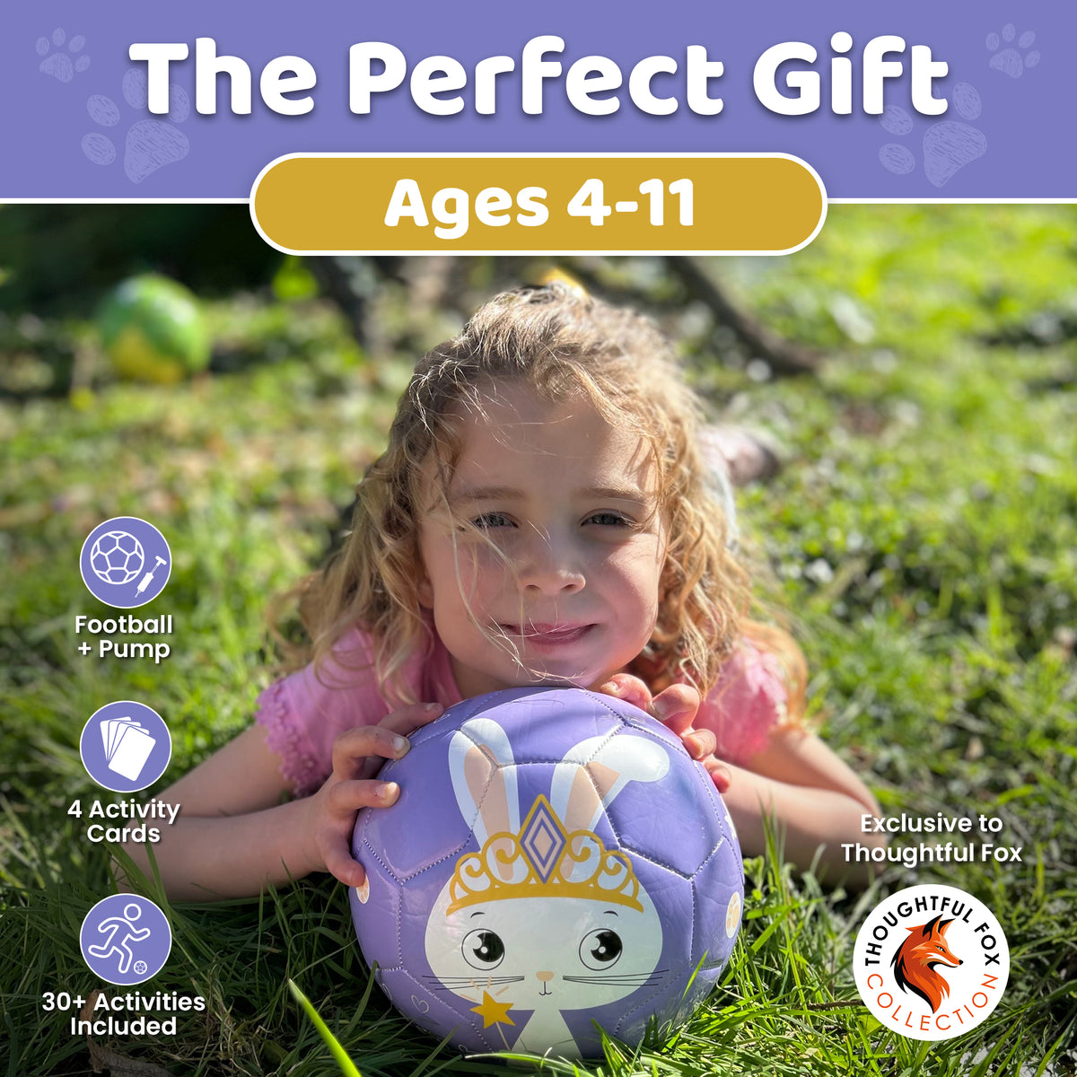 Girl hugging the Bunny football on the grass, the perfect gift for ages 4 to 11