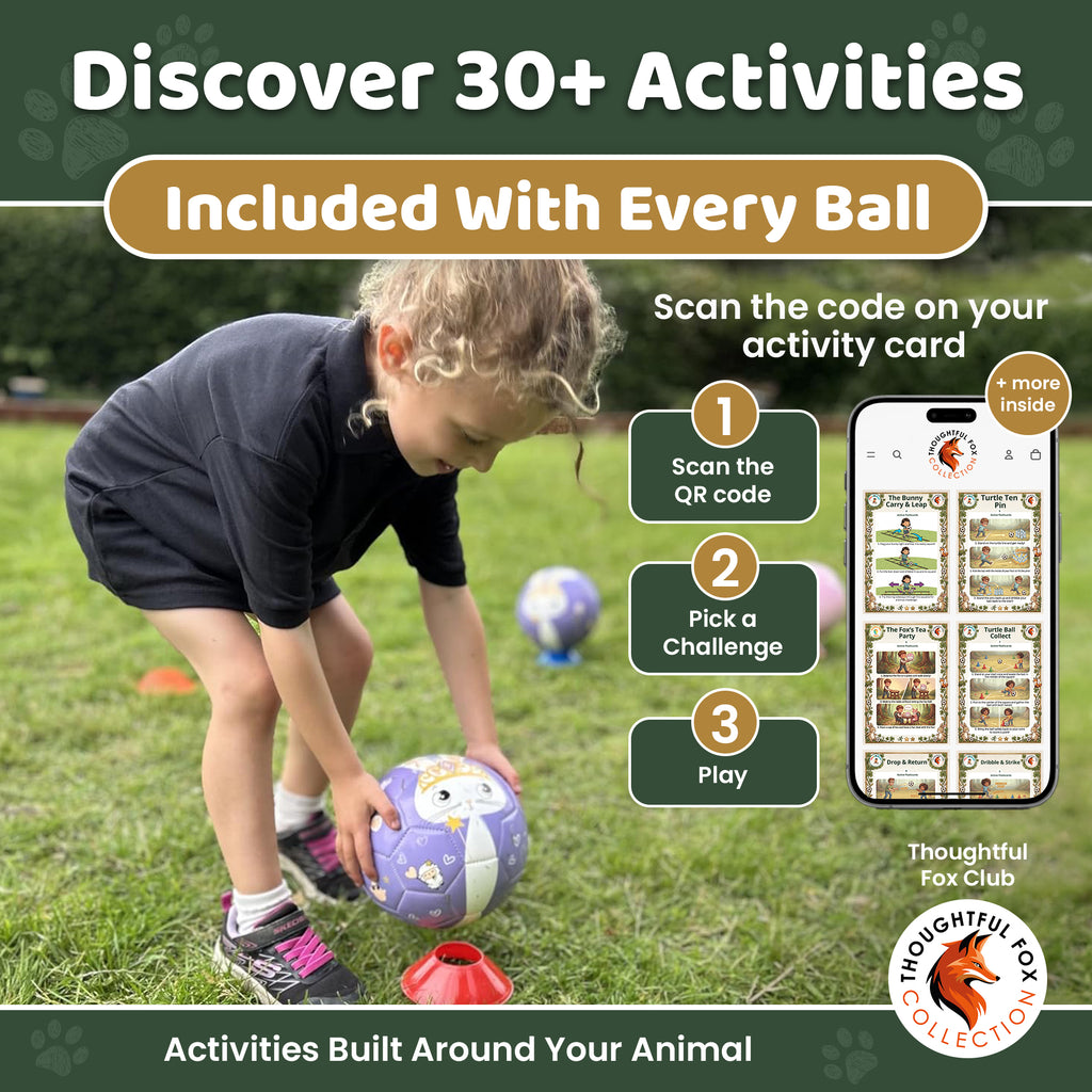 Girl playing with the Bunny football and cones, with 30+ activities from the Thoughtful Fox Club