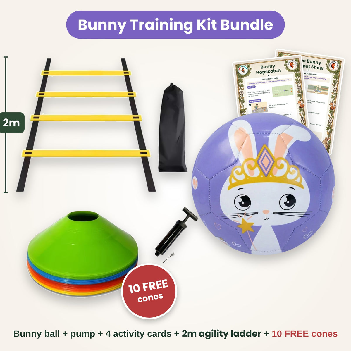 Bunny football training kit bundle with 2m agility ladder, pump, activity cards and 10 free cones