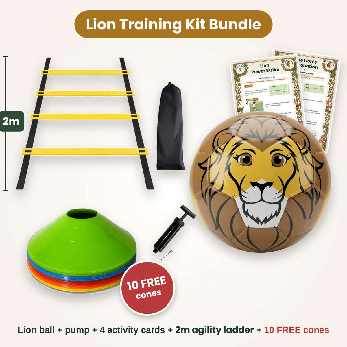 Lion football training kit bundle with 2m agility ladder, pump, activity cards and 10 free cones