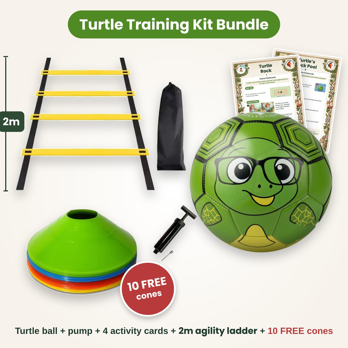 Turtle football training kit bundle with 2m agility ladder, pump, activity cards and 10 free cones