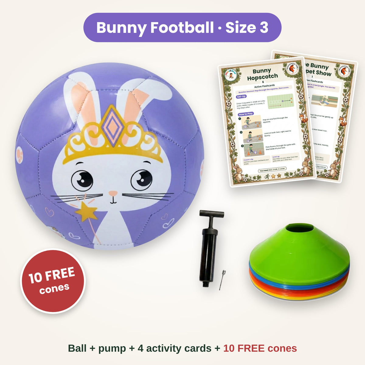 Bunny football with pump, activity cards and 10 FREE training cones