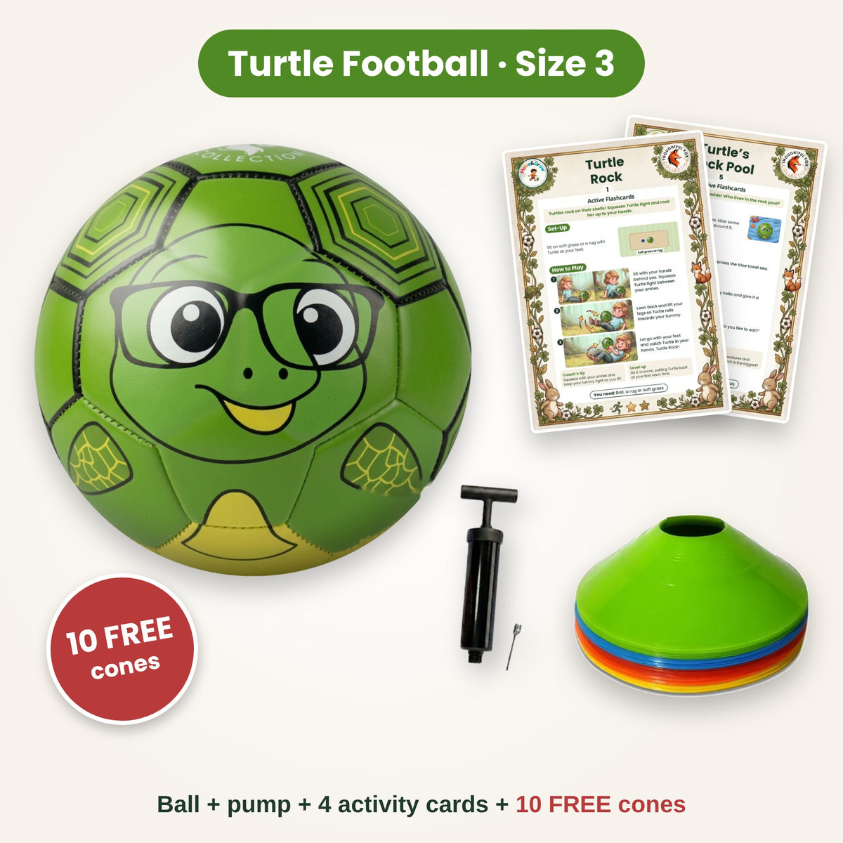 Turtle football with pump, activity cards and 10 FREE training cones