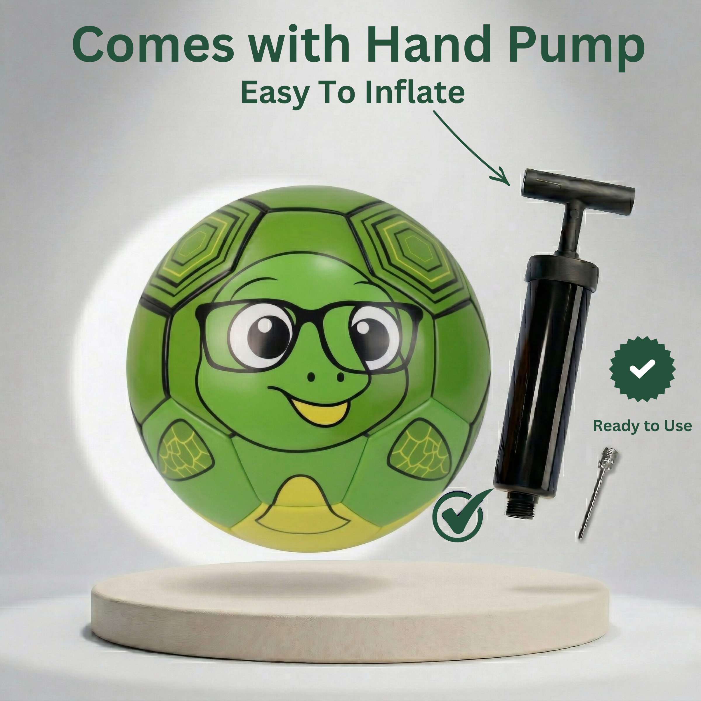 Thoughtful Fox Size 3 Kids TPU Football - Green Turtle with Glasses Soft Touch Ball with 20+ Activities & Hand Pump