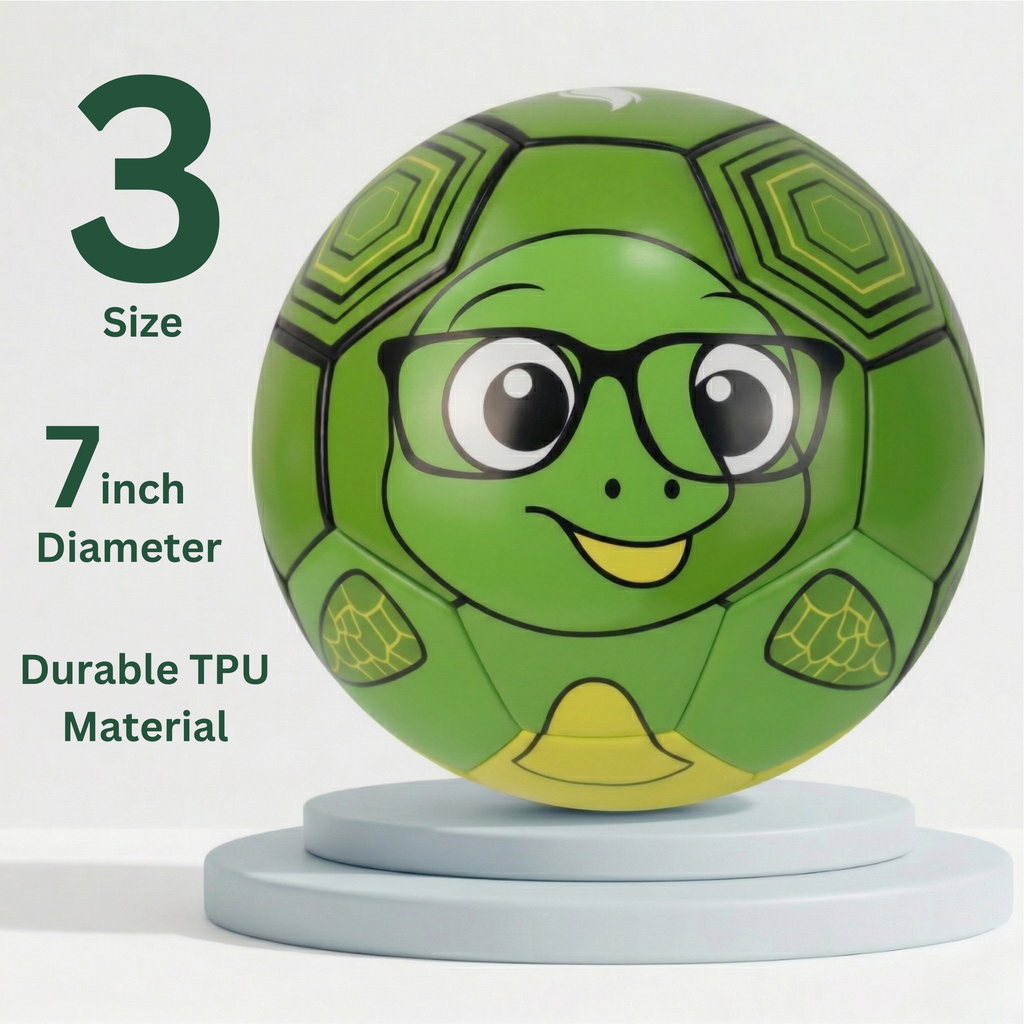 Thoughtful Fox Size 3 Kids TPU Football - Green Turtle with Glasses Soft Touch Ball with 20+ Activities & Hand Pump