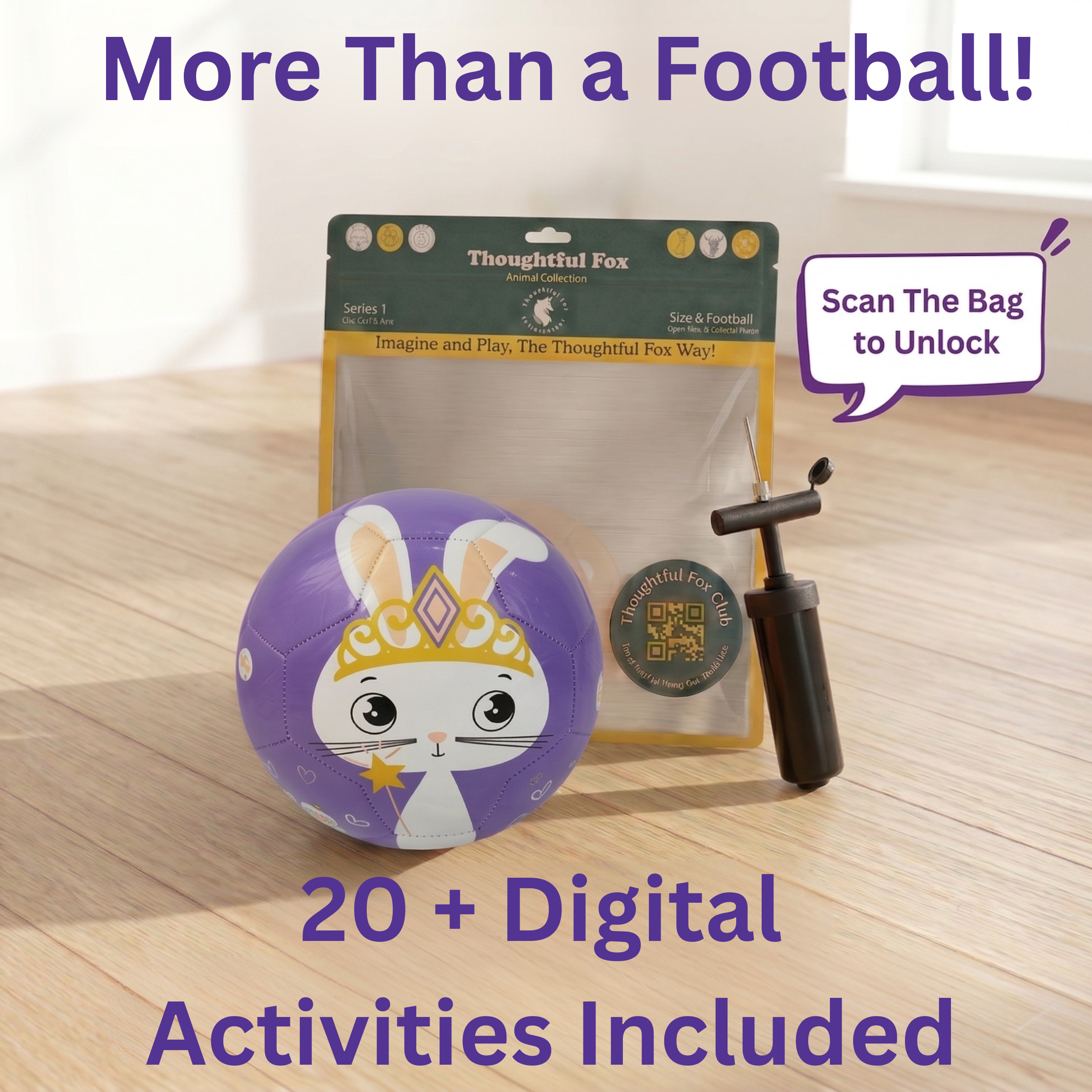 Thoughtful Fox Size 3 Kids TPU Football - Purple Bunny Princess Soft Touch Ball with 20+ Activities & Hand Pump